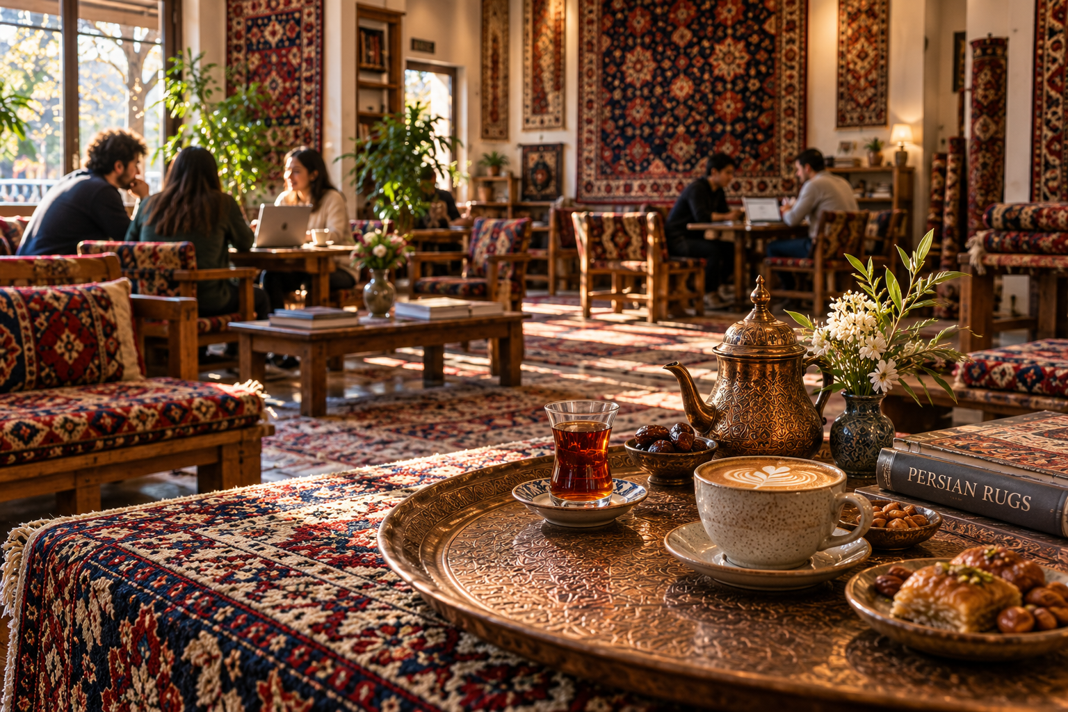 A welcoming space for coffee, tea, conversation, and study at Torange Rug Gallery